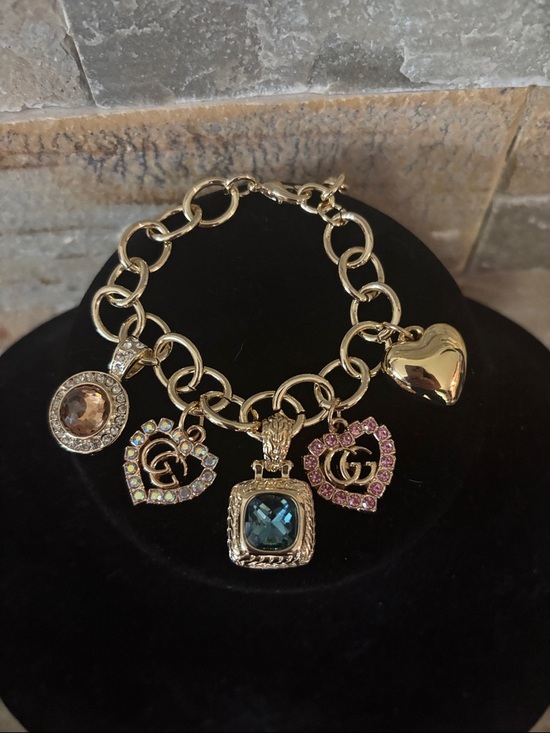 Upcycled Jewelry - Gold-Tone Charm Bracelet with Multicolor GG Crystal Hearts